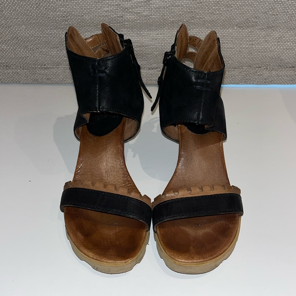 Miz Mooz Black and Brown Wedge Sandals